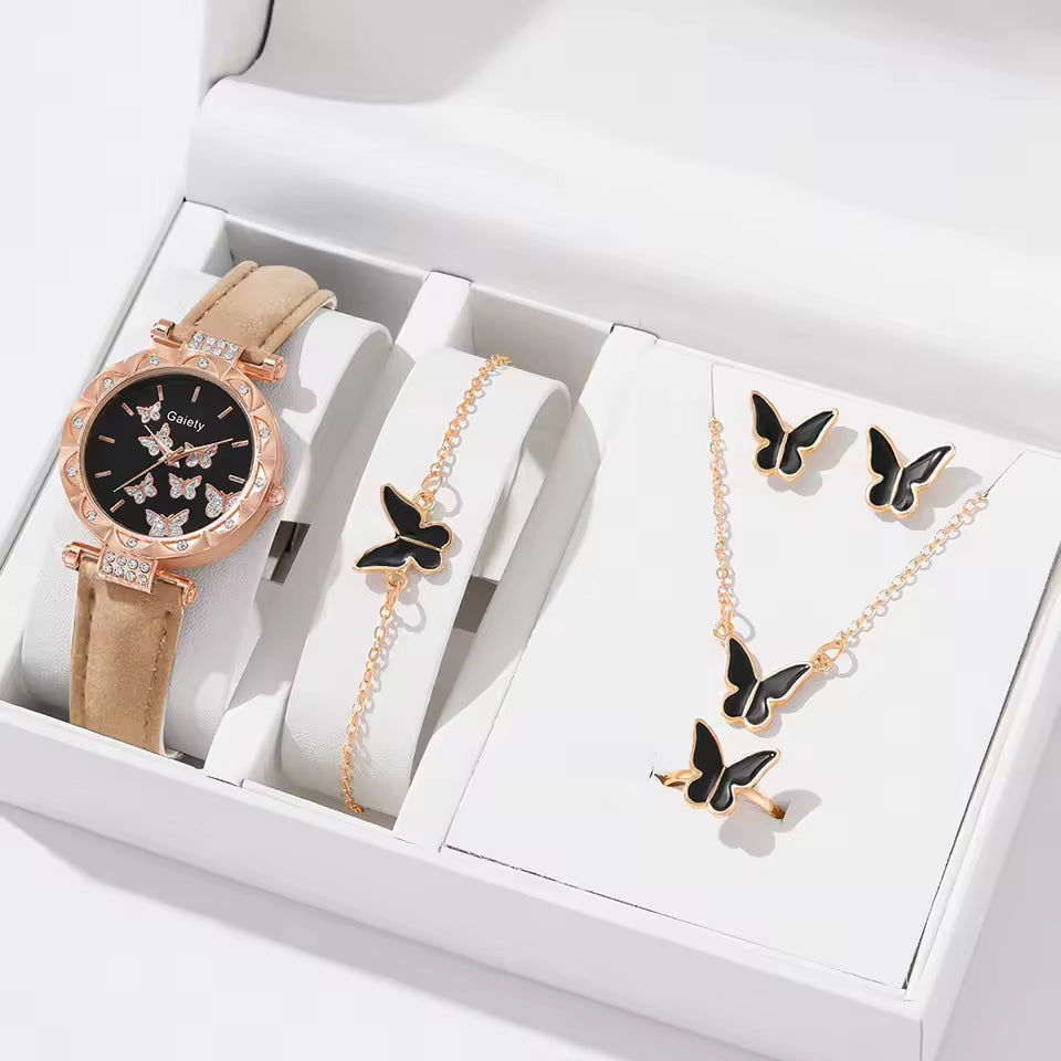 Women's Watch Latex Strap Butterfly Necklace Bracelet Earrings Ring Jewelry Set Girls Gift